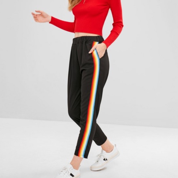 Zaful Pants - Colorful Stripes Straight Pants - Black L